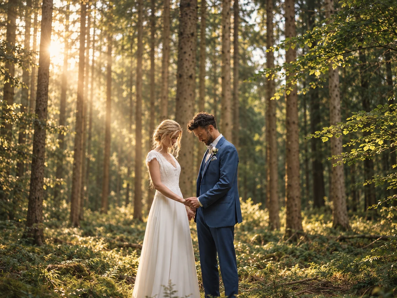 Brautpaar im goldenen Waldlicht bei Rosengarten