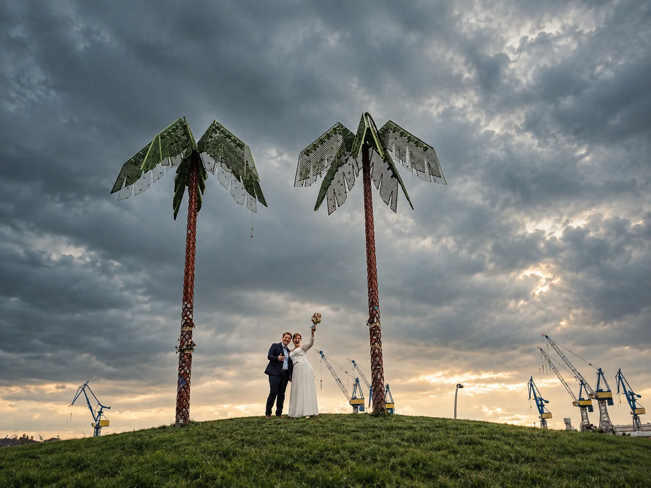 Hochzeitspaar unter Palmen mit dramatischem Himmel am Hamburger Hafen