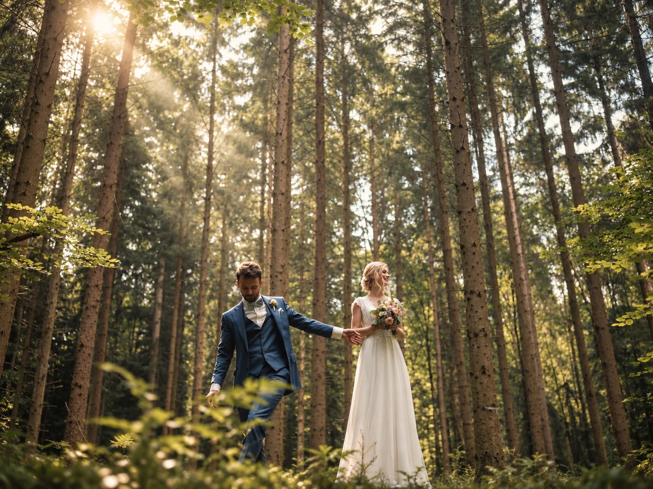 Brautpaar beim Spaziergang durch den Wald in Rosengarten