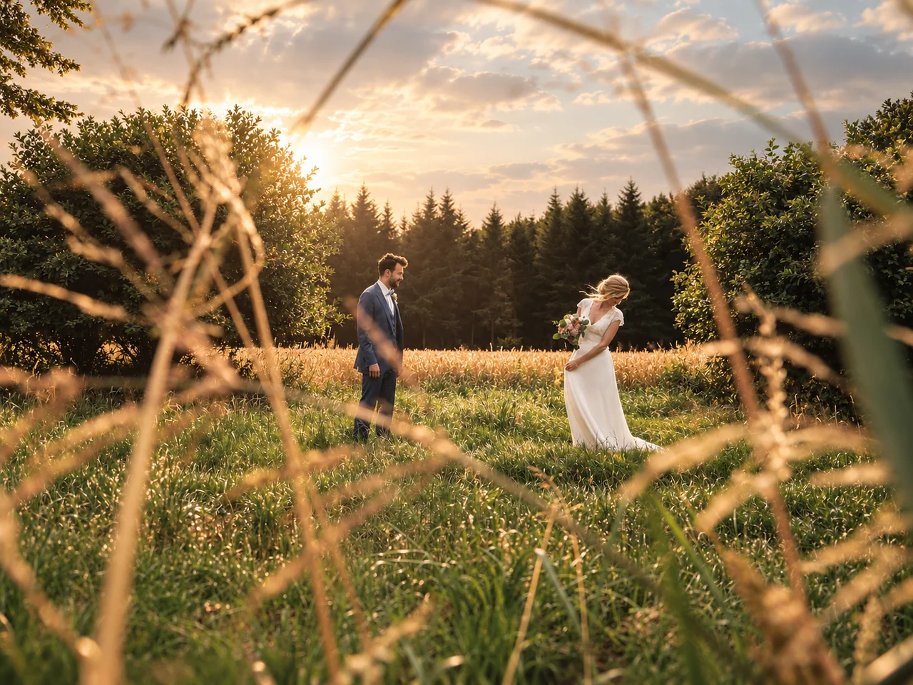 Hochzeitspaar in einer sommerlichen Wiese im Abendlicht